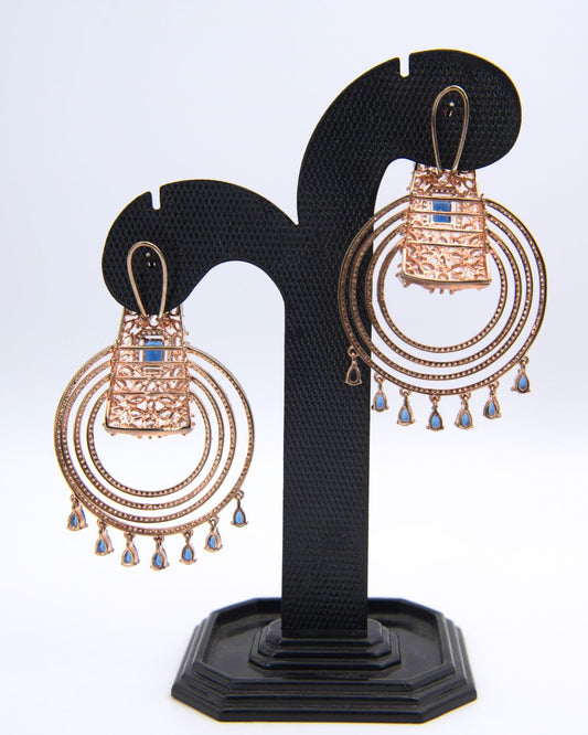 Rose Gold Circular Drop Earrings with Sapphire Accents |