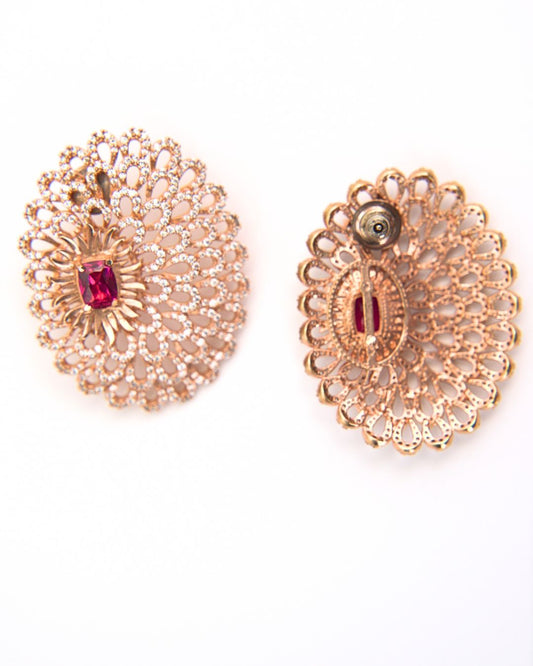 Rose Gold Floral Stud Earrings with Ruby Center