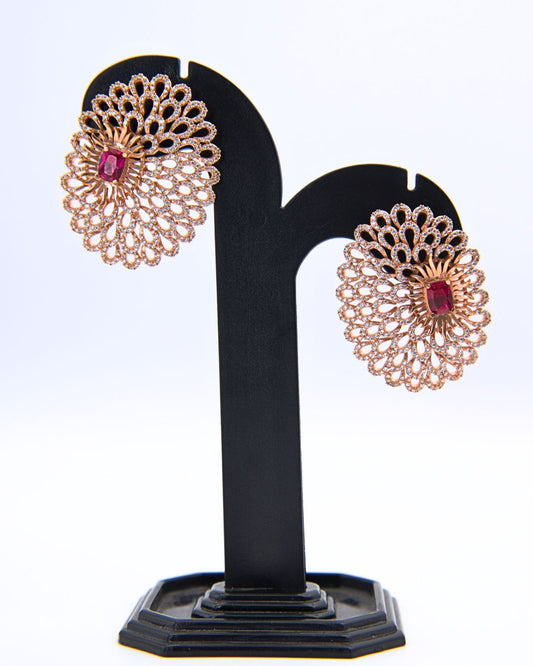 Rose Gold Floral Stud Earrings with Ruby Center
