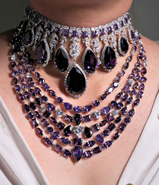 Regal Purple Gemstone Choker Necklace Set | Multi-Layered Statement Bridal Jewelry with Cubic Zirconia