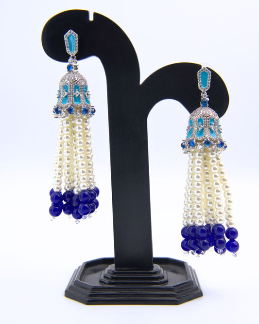 Royal Blue & Pearl Beaded Jhumka Earrings