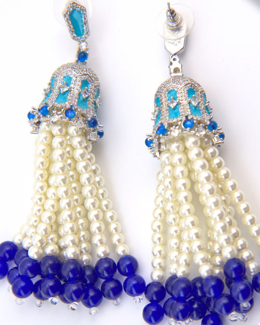 Royal Blue & Pearl Beaded Jhumka Earrings