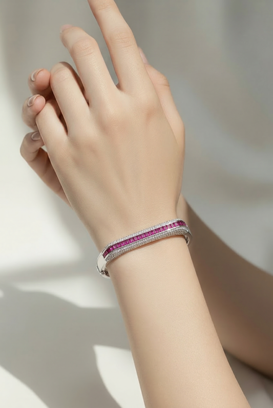 Pavé Bar Bangle – Fuchsia Pink (Silver tone)