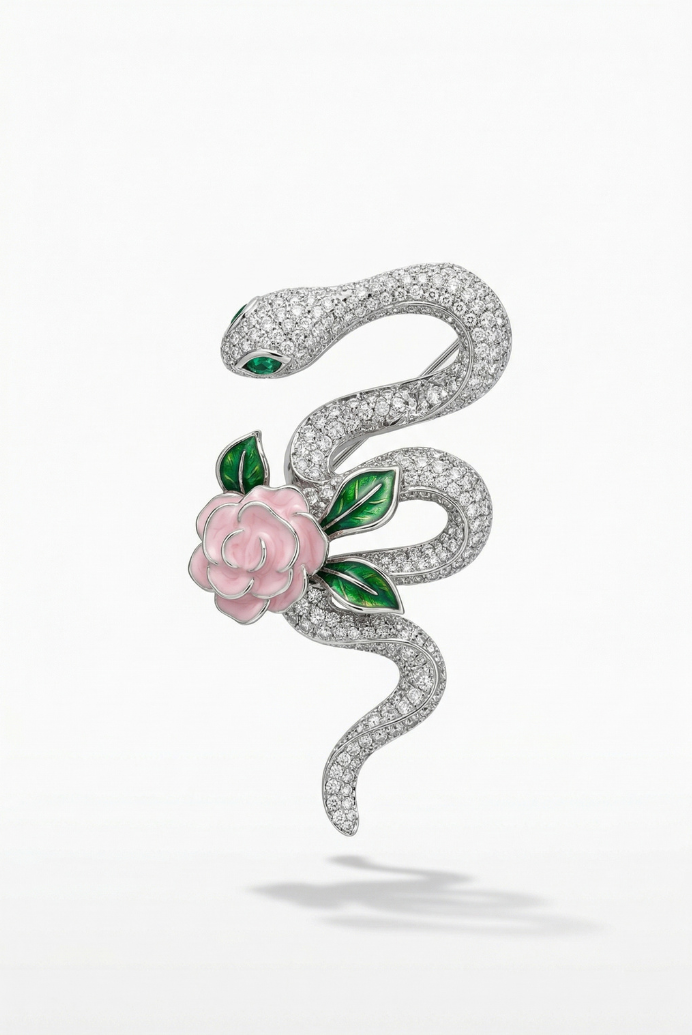 Silver Snake & Rose Brooch