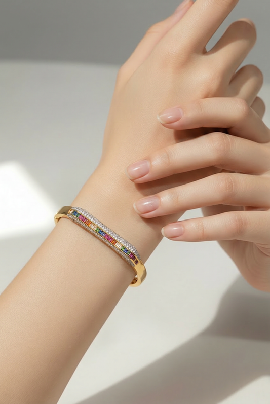 Pavé Bar Bangle – Rainbow (Gold plated)