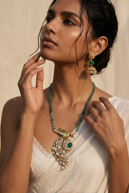 Peacock Emerald Polki Pendant Necklace