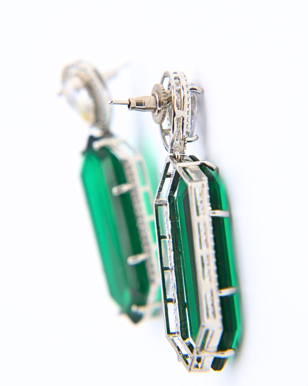 Emerald Green Elongated Drop Earrings- 925 Sterling Silver