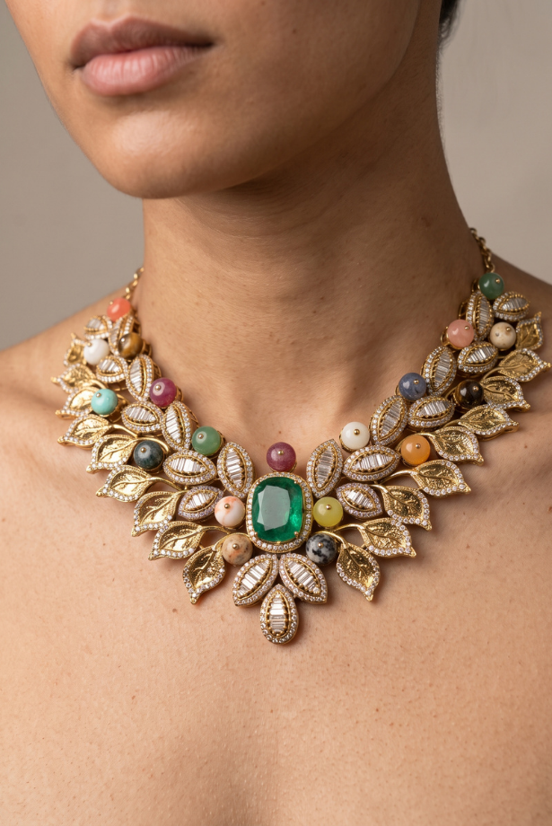Verdant Gold Leaf Statement Necklace Set