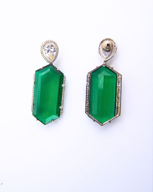 Emerald Green Elongated Drop Earrings- 925 Sterling Silver