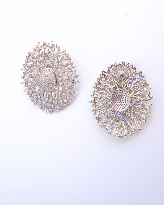 Radiant Round Silver-Toned Floral Burst Studs