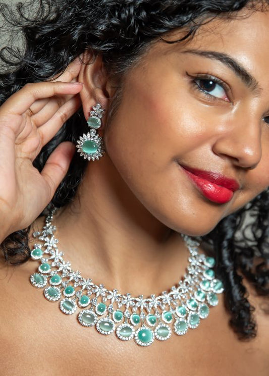 3-Line Blue Ruby and Diamond Necklace with Earring Set