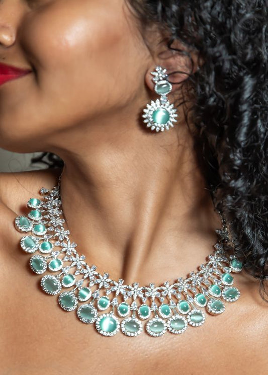 3-Line Blue Ruby and Diamond Necklace with Earring Set