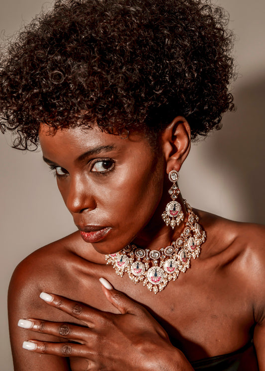 Exquisite Peacock Enamelled Pearl and Crystal Choker Set