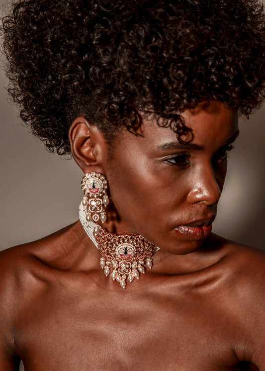 Exquisite Peacock Enamelled Pearl and Crystal Choker Set