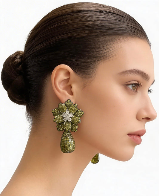 Peridot Bloom Statement Drop Earrings