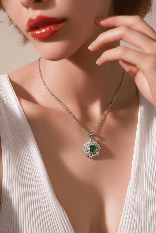 Emerald Radiance Halo Pendant Necklace Set