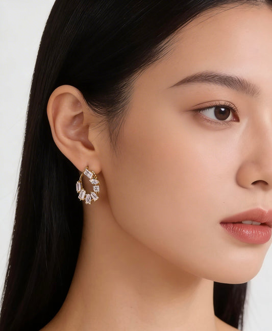 Crystal Crescent Hoops Earring
