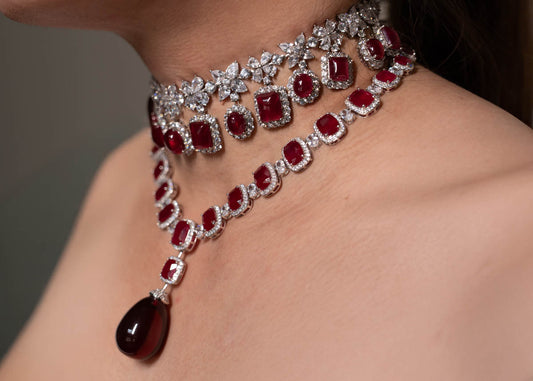 Royal Ruby Double-Layer Choker Necklace with Royal Ruby Pendant Drop Necklace