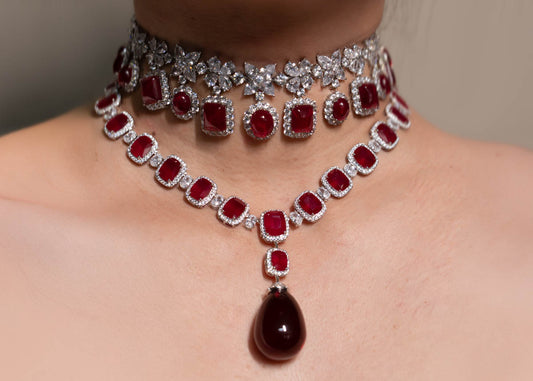 Royal Ruby Double-Layer Choker Necklace with Royal Ruby Pendant Drop Necklace