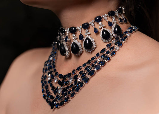 Midnight Sapphire & Jet Black Dual-Layer Choker Necklace