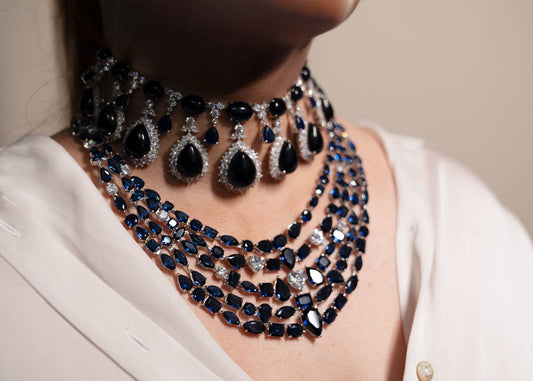 Midnight Sapphire & Jet Black Dual-Layer Choker Necklace