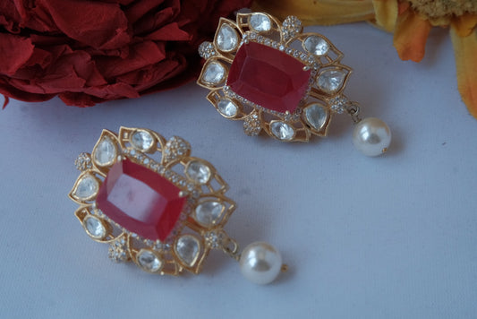 Silver Mossonite Red Stone Earrings