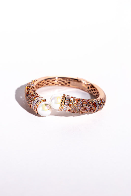 Pearl Filigree Open Bangle - Rose Gold