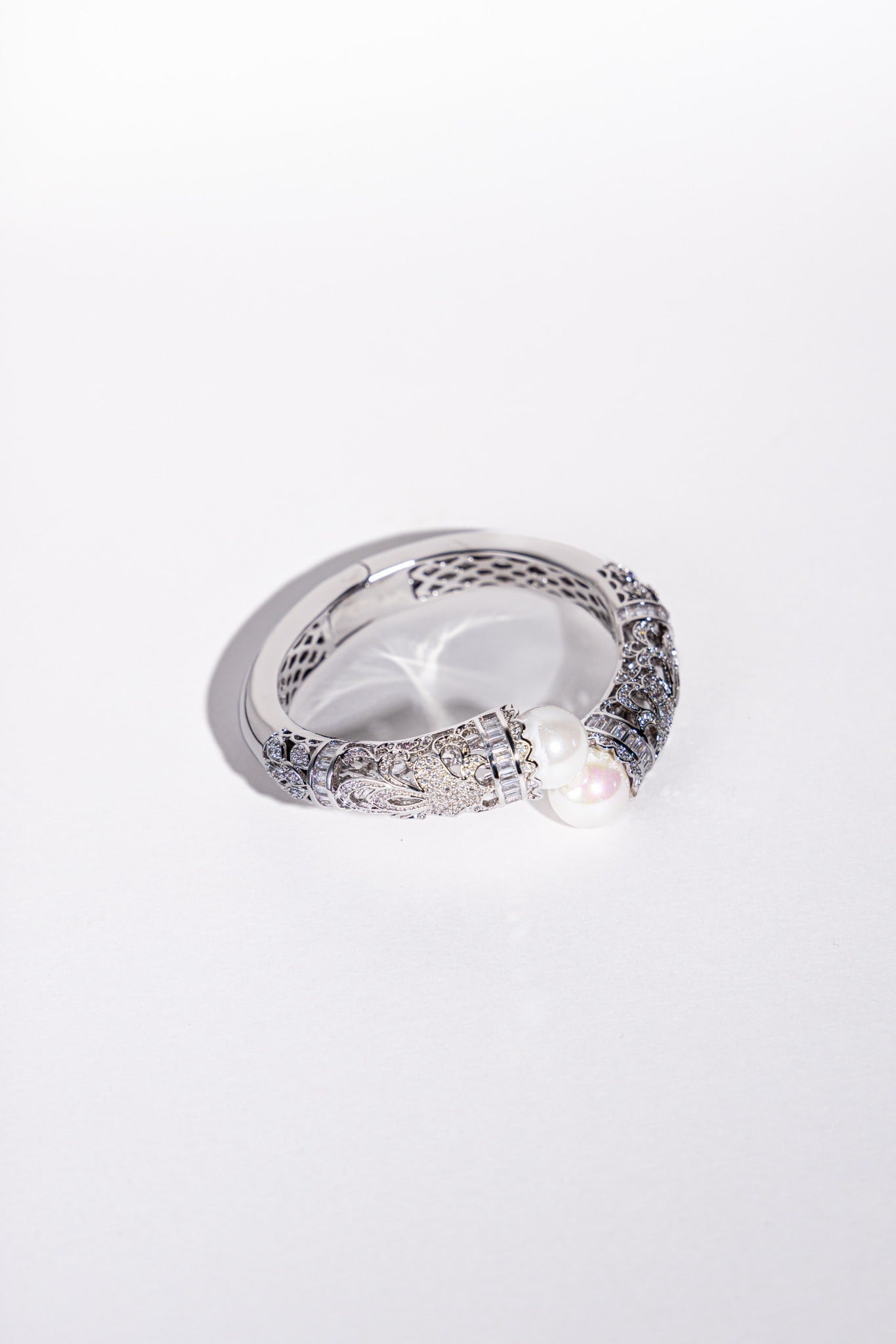 Pearl Filigree Open Bangle - Silver