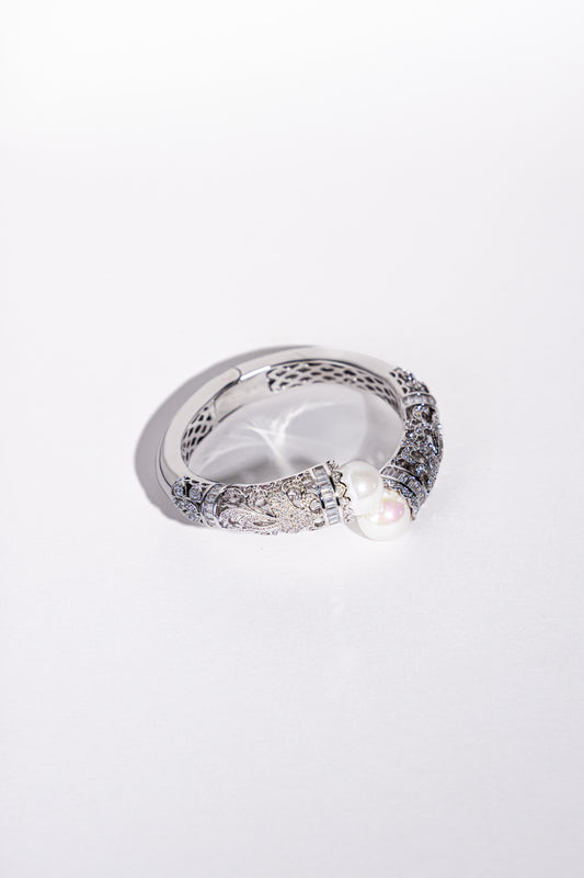 Pearl Filigree Open Bangle - Silver