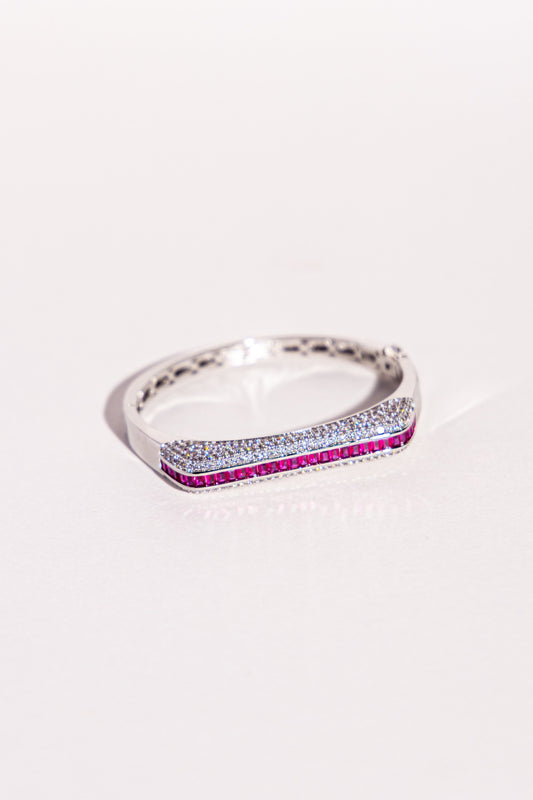 Pavé Bar Bangle – Fuchsia Pink (Silver tone)