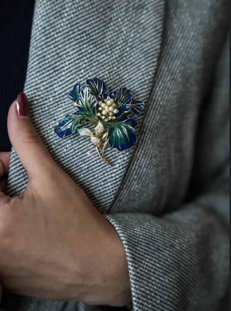 Blue & Green Floral Enamel Brooch