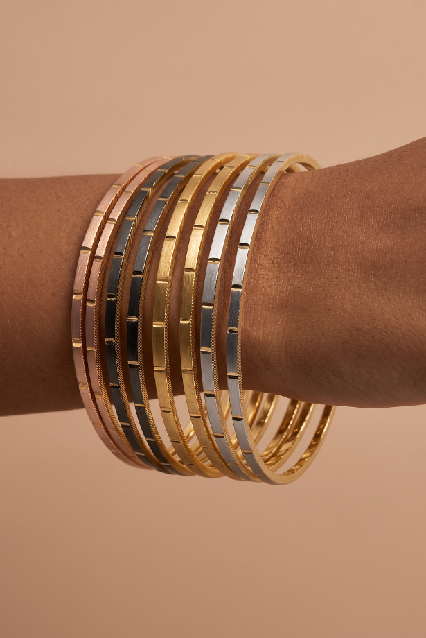 Tri-Tone Modern Line Bangle Stack