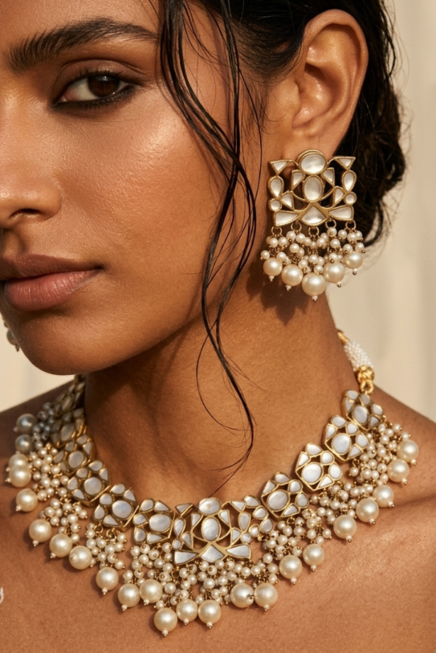 Mother of Pearl Pearl Fringe Choker Set