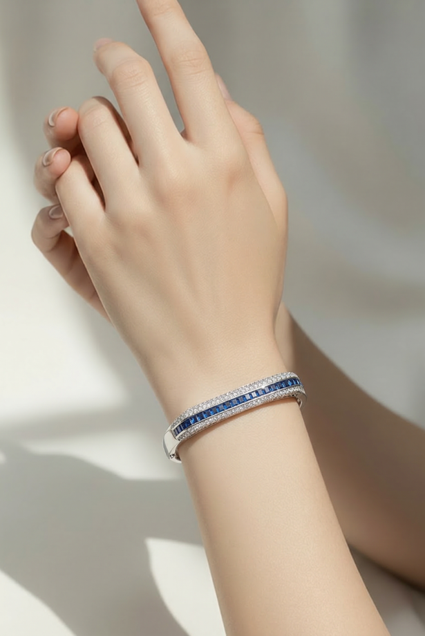 Pavé Bar Bangle – Sapphire Blue (Silver tone)