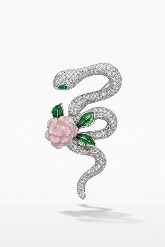 Silver Snake & Rose Brooch