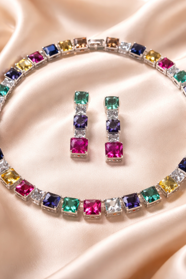 Multicolor square-cut cubic zirconia with halo pavé accents