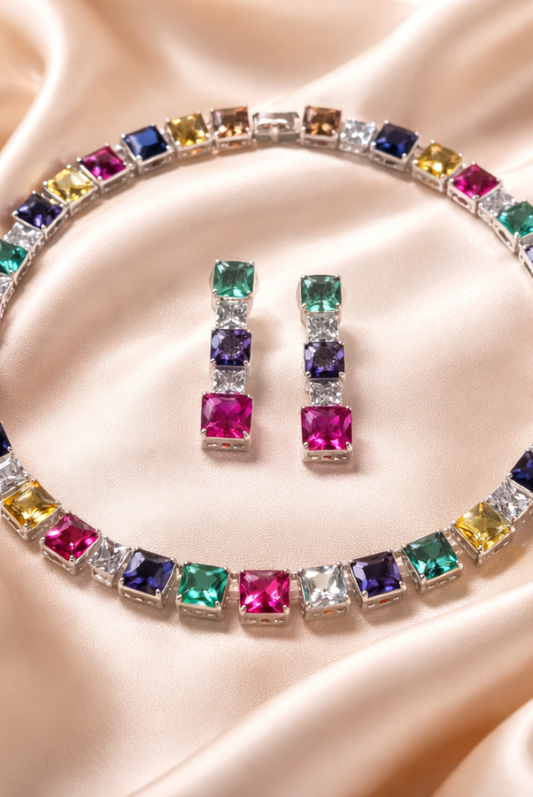 Multicolor square-cut cubic zirconia with halo pavé accents