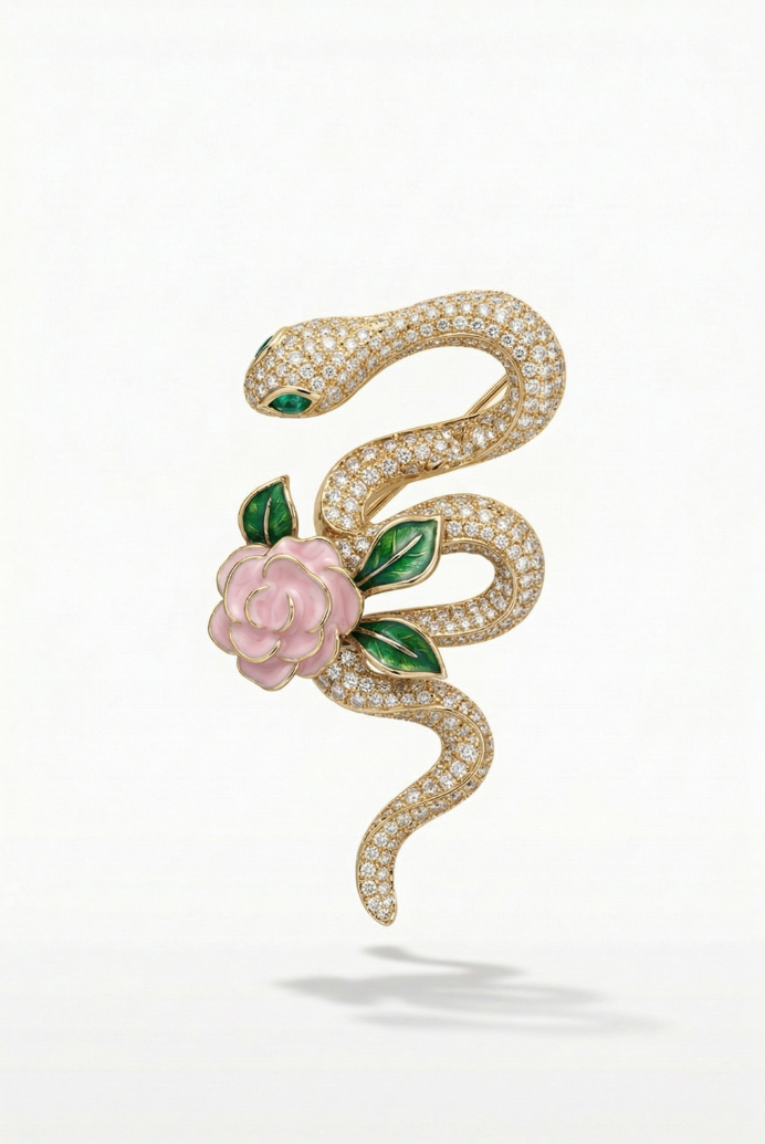 Gold Snake & Rose Brooch