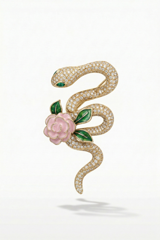 Gold Snake & Rose Brooch