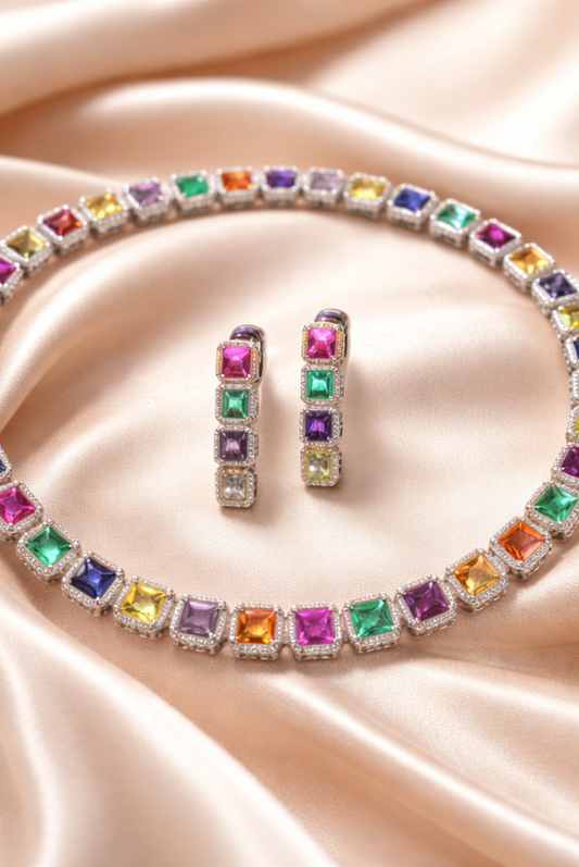 Rainbow Square Stone Necklace & Earrings Set