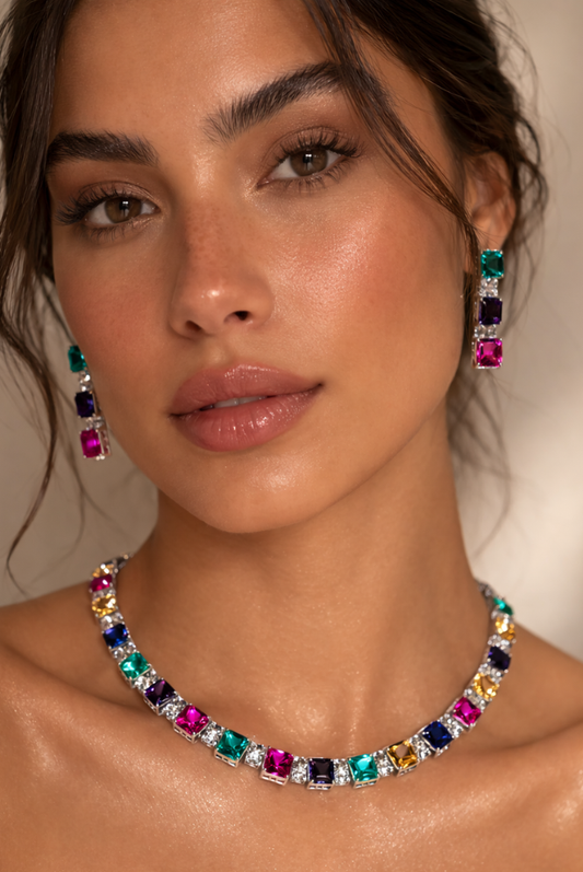 Rainbow Square Stone Necklace & Earrings Set