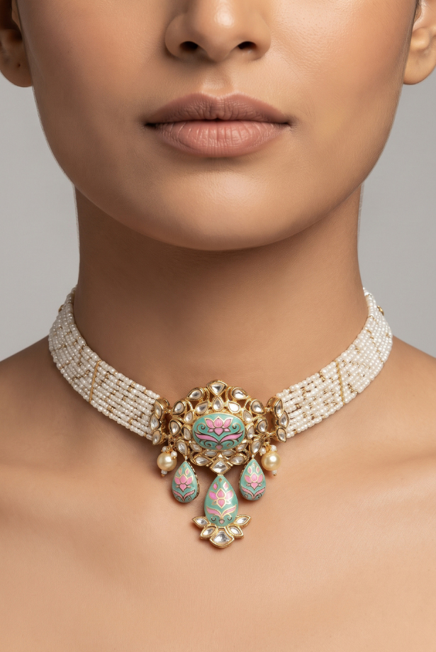 Turquoise Lotus Pearl Choker Set
