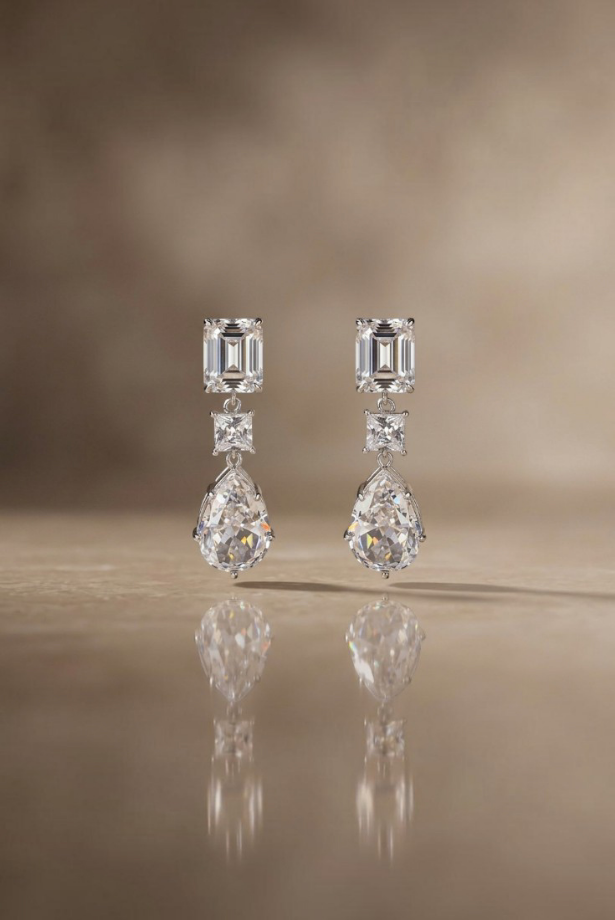 Emerald Cut Trio Drop Earrings
