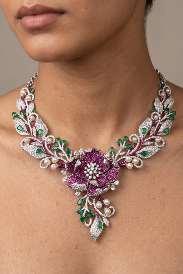 The Peony Bloom Rhodium-Tone Necklace Set