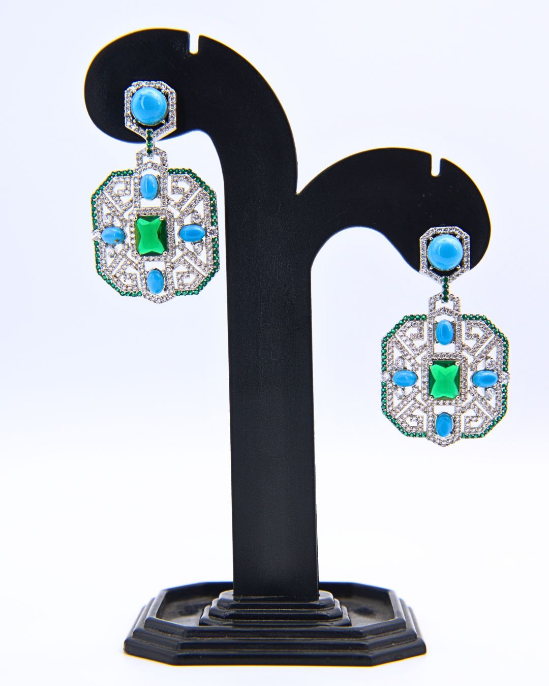 Geometric Vintage Drop Earrings with Green and Blue Stones