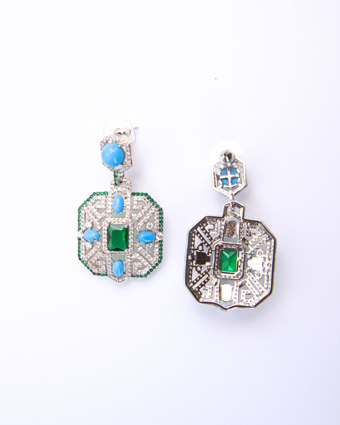 Geometric Vintage Drop Earrings with Green and Blue Stones