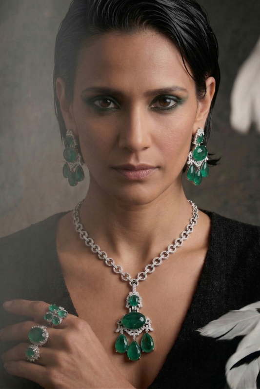 Bridal Pear Drop Emerald Necklace Set