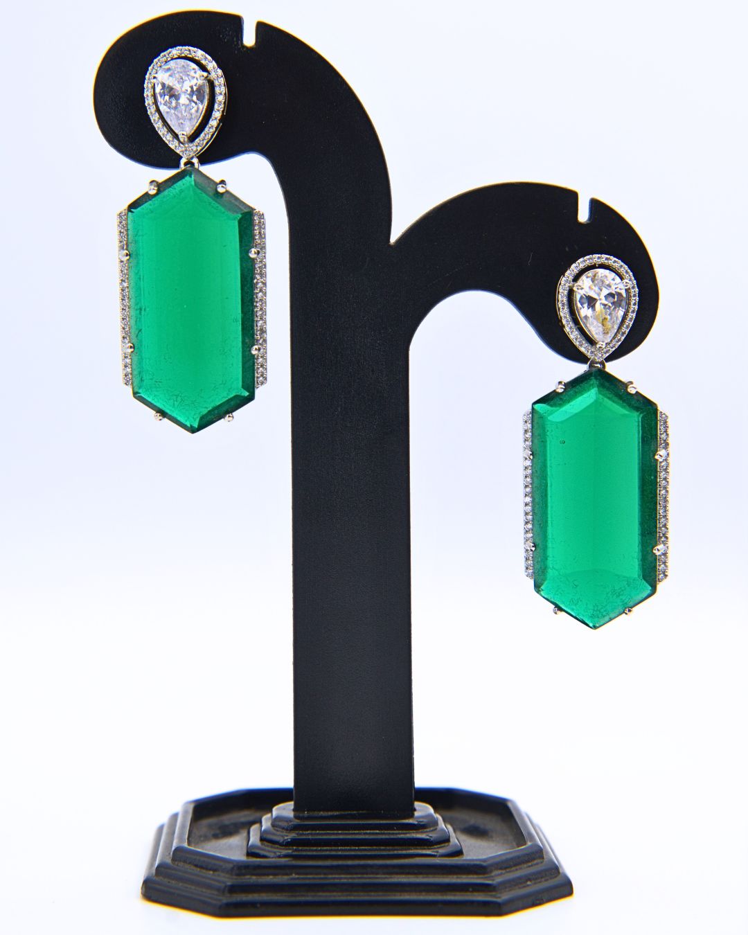 Emerald Green Elongated Drop Earrings- 925 Sterling Silver