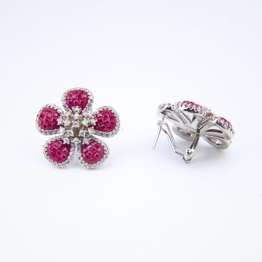 Ruby Floral Invisible-Setting Stud Earrings with Garnet & Cubic Zirconia