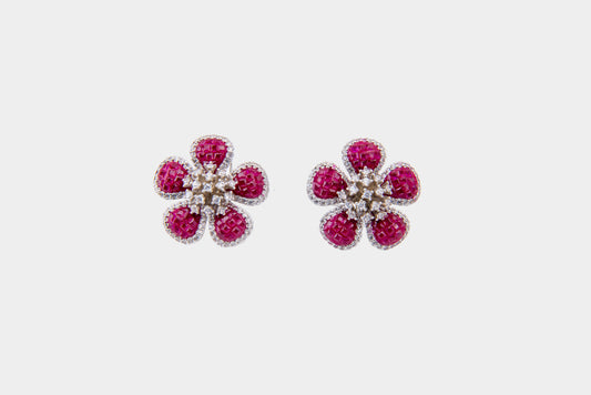 Ruby Floral Invisible-Setting Stud Earrings with Garnet & Cubic Zirconia